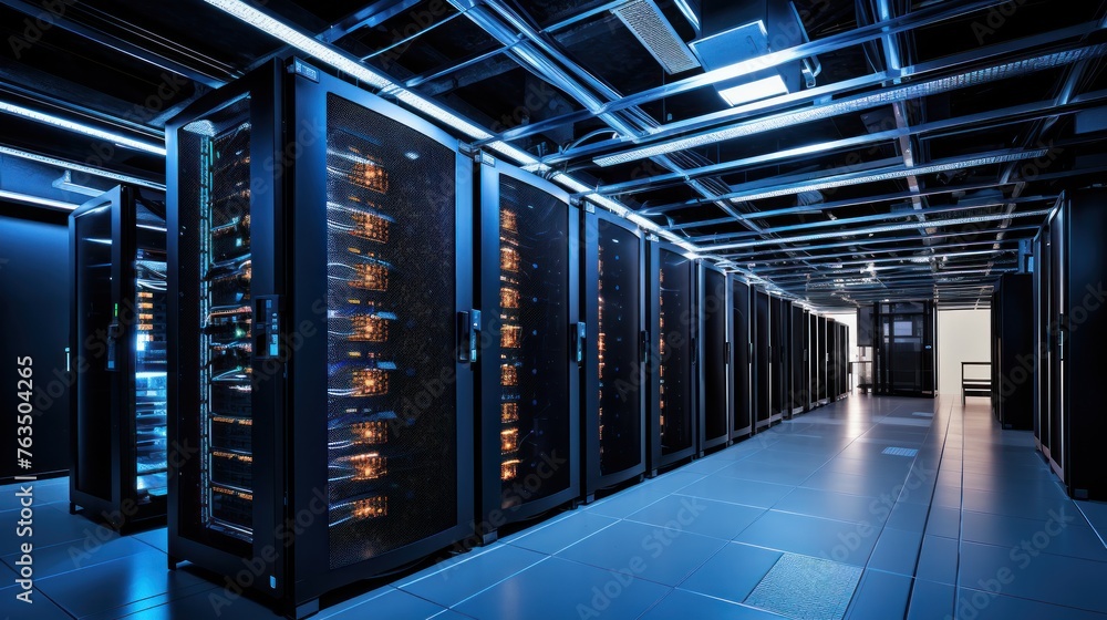 Poster depict a state of the art data center with rows of server racks, cooling systems, and redundant powe