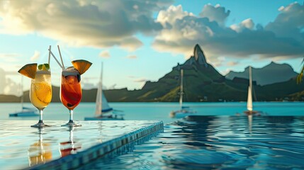 two colorful cocktails in tall glasses on the edge of an infinity pool with an orange and red drink. Colorful sky over the islands with sailboats and tropical palm trees moored nearby. - obrazy, fototapety, plakaty