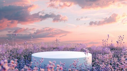 A white round podium in the middle of a field of wildflowers, with a sunset sky and a dreamy pastel...