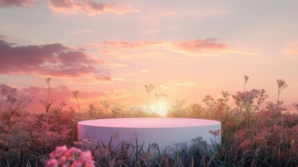 A white round podium in the middle of a field of wildflowers, with a sunset sky and a dreamy pastel...