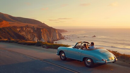Fototapeta na wymiar Happy couple driving a vintage blue car along a coastal road, golden hour lighting, ultra-realistic photography.