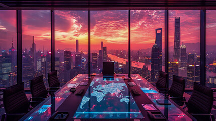 On a rooftop overlooking the city skyline at sunset an empty conference table sits - obrazy, fototapety, plakaty