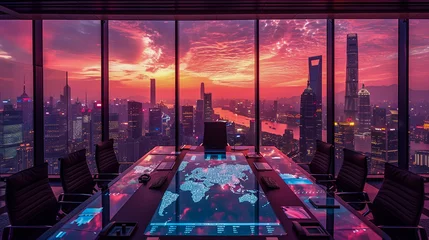 Papier Peint photo autocollant Skyline On a rooftop overlooking the city skyline at sunset an empty conference table sits