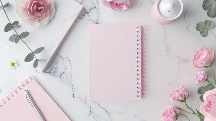 an office desk arranged with a notebook, delicate pink flowers, refreshing eucalyptus branch, and empty pink paper, offering a perfect blend of style and functionality with ample copy space.