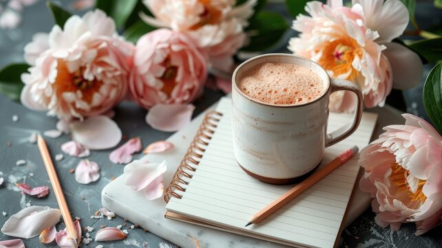 a coffee mug, empty notepad, pencil, and vibrant pink peony flowers adorning a pristine white stone table, tailored for a women's workspace.