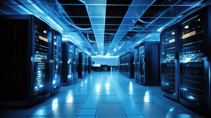 Depict a state of the art data center with rows of server racks, cooling systems, and redundant power supplies