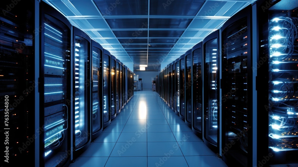 Poster depict a state of the art data center with rows of server racks, cooling systems, and redundant powe