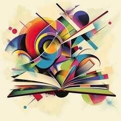 Bookworm constructed from colorful abstract shapes and typography, bursting out of an open book. The vibrant composition symbolizes the dynamic and evolving nature of literature.