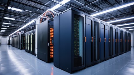 Depict a state of the art data center with rows of server racks, cooling systems, and redundant power supplies