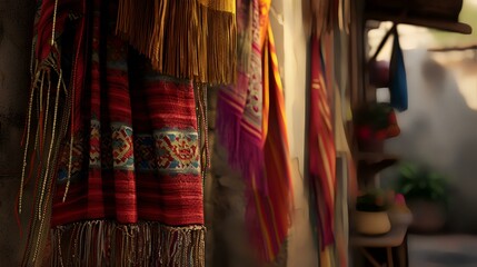 Fototapeta na wymiar Colorful hand-woven fabrics hanging in a shop in India