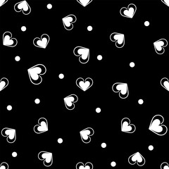 White hearts chaotic on black seamles pattern - obrazy, fototapety, plakaty
