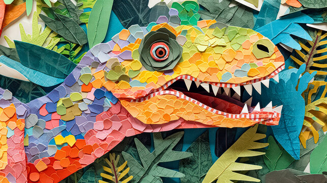 A captivating dinosaur illustration crafted from vibrant pieces of 3D paper, showcasing creativity and depth in a unique artistic form.