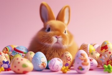 An image of a charming, caramel-colored bunny surrounded by Easter eggs with whimsical cartoon characters.