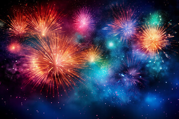 Fototapeta na wymiar Vibrant fireworks exploding in a starry night sky, celebrating festive occasions. 