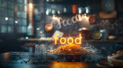 A bustling Italian kitchen with chefs expertly preparing dishes, the word food spelled out in spaghetti noodles on a countertop, real photo - obrazy, fototapety, plakaty