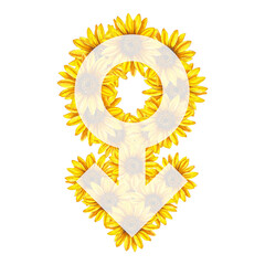 Male gender icon in watercolor floral design on isolated white background. Mars symbol, man, gender, stereotype, male body or male symbol, watercolor floral style.
