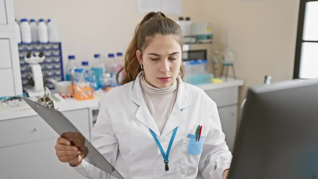 A focused hispanic woman scientist reviews data in a laboratory setting, exuding professionalism and concentration.