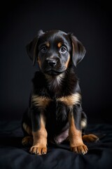 A black dog with brown and white fur is looking at the camera