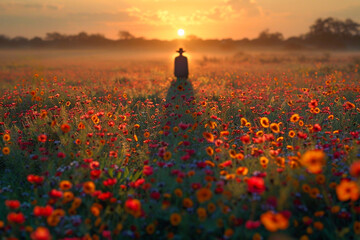A person standing amidst a field of flowers at sunrise, with a warm glow on the horizon