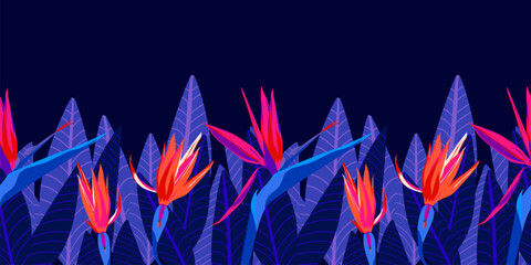 Tropical flower seamless border pattern with modern neon pink, purple color strelitzia, leaf horizontal background, hand drawing illustration - 763506243