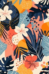 The design includes monstera leaves, flowers like hibiscus or orchids, fruits such as mangoes or coconuts, and geometric patterns to create an artistic feel in the style of various artists. 