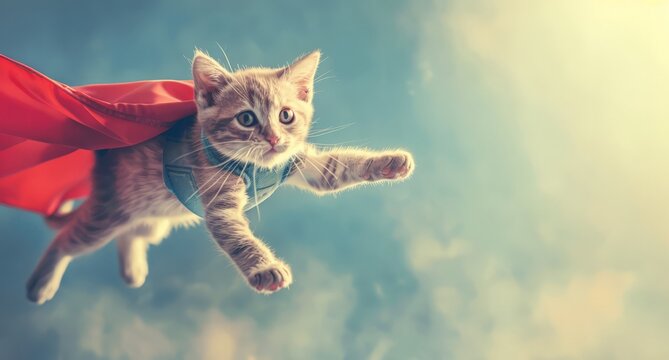 A cat soars through the air while wearing a vibrant red cape
