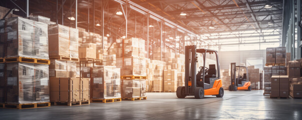 Modern future fork lift in warehouse. Heavy truck loadre in factory house. copy space for text. - Powered by Adobe