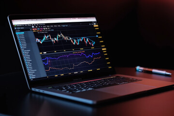 Financial stock market on a laptop screen. Stock market curve on screen. Investing in the stock market. Sotck exchange. Stock market training.