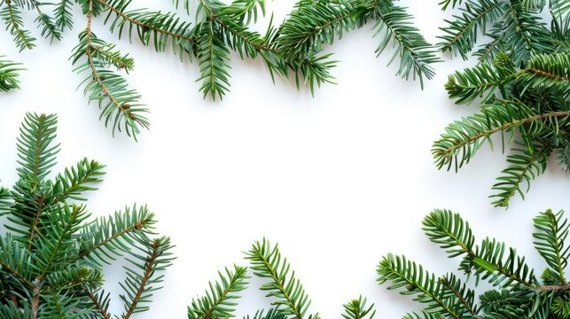 Top view fresh natural frame of green spruce branches on a white background. AI generated image