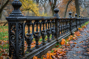 Ornate wrought iron railing, autumn leaves scattered. Vintage park balustrade on damp pathway, seasonal charm. Historical, architectural backgrounds, public space designs - obrazy, fototapety, plakaty