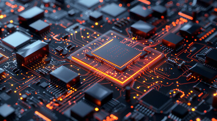 Obraz premium 3d microchip and circuit circuit. cpu motherboard digital chip technology background.