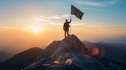 businessman standing hold winner flag on top mountain. mission complete. business achievement concept.