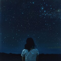 Fototapeta premium Woman gazing at the expansive night sky filled with stars and distant galaxies