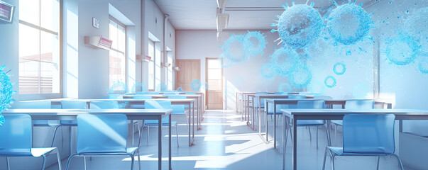 Empty classroom with flying bacteries around.