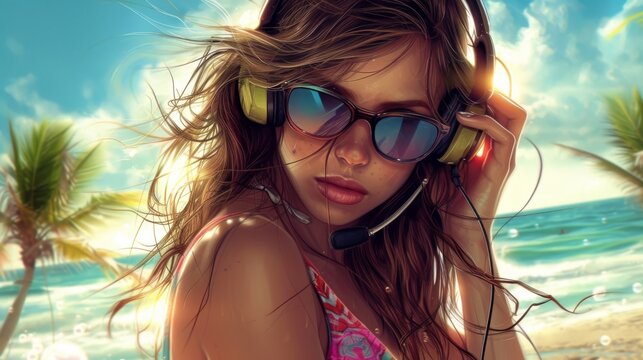 Beautiful young woman listening to music in headphones
