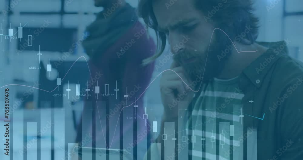 Poster animation of financial data processing over caucasian businessman using tablet in office