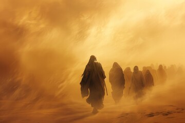 Illustration of Jesus Christ and his disciples caught in a sandstorm while traveling, showcasing faith and perseverance through adversity.