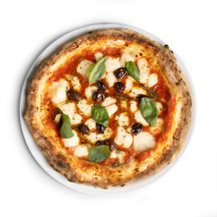 Authentic Italian Pizza Olives and Anchovies, Top View, Isolated on White Background - Tomato sauce, olives,  anchovies, oregano, mozzarella cheese, basil leaves and olive oil.
