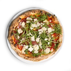 Authentic Italian Pizza Raw Ham, Rocket and Parmesan, Top View, Isolated on White Background - Tomato sauce, raw ham, rocket leaves, flakes of Parmesan cheese and olive oil