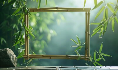 Delicate bamboo frame on minimalistic natural material, space remember - obrazy, fototapety, plakaty