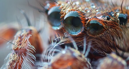 Detailed close up of a spiders multiple eyes, showcasing intricate details and textures - obrazy, fototapety, plakaty