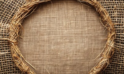 Delicate jute frame on minimalistic natural material, space for text, ecology nature background