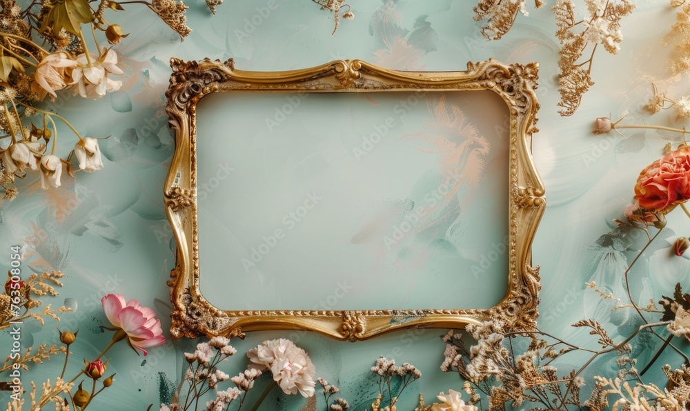 Aufkleber a gold frame with pink flowers on the wall. abstract background with frame and space for text