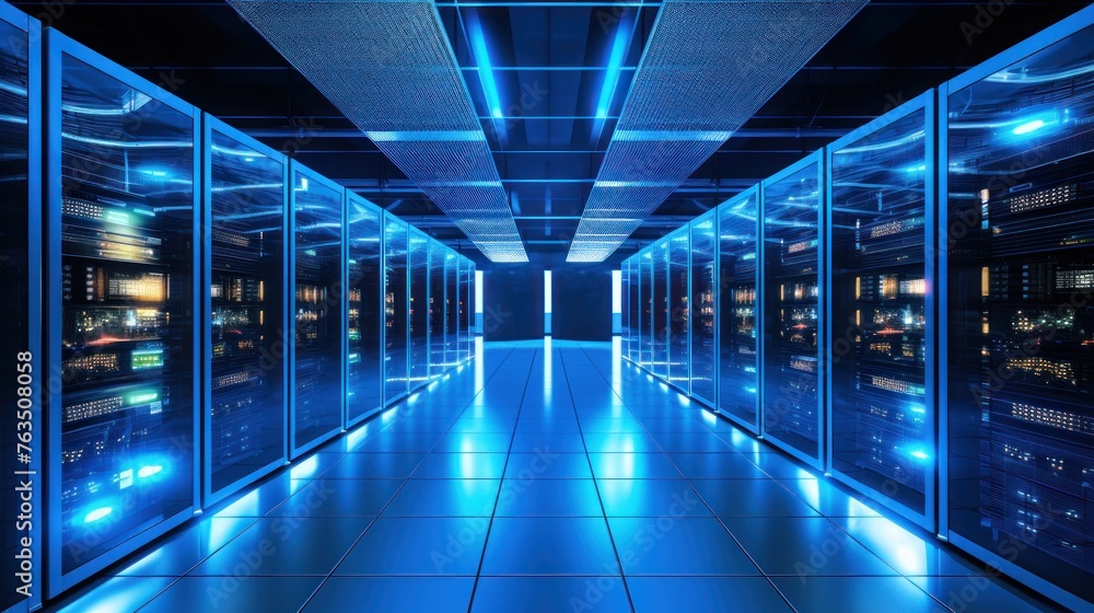 Poster depict a state of the art data center with rows of server racks, cooling systems, and redundant powe