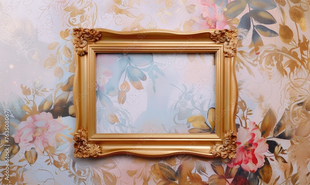 Poster a gold frame with pink flowers on the wall. abstract background with frame and space for text