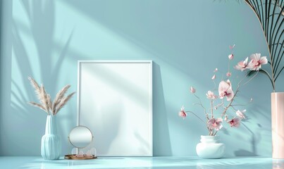 Flat background with blank poster mockup on blue wall
