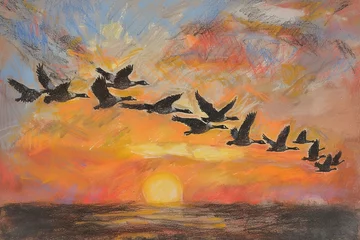 Fotobehang Pastel drawing of a flock of geese flying in a V-formation at sunrise. © furyon