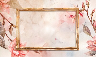 A gold frame with pink flowers on the wall. Abstract background with frame and space for text