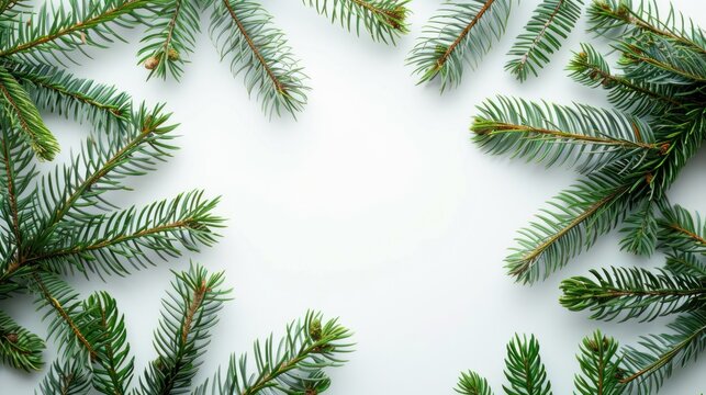 Top view fresh natural frame of green spruce branches on a white background. AI generated image