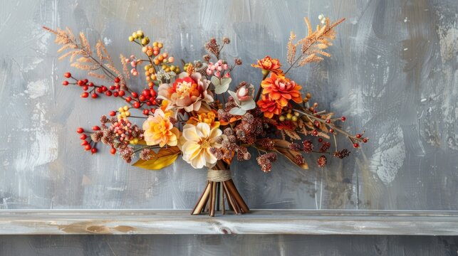 Beautiful autumn bouquet flowers at wooden shelf on grey wall background. AI generated image